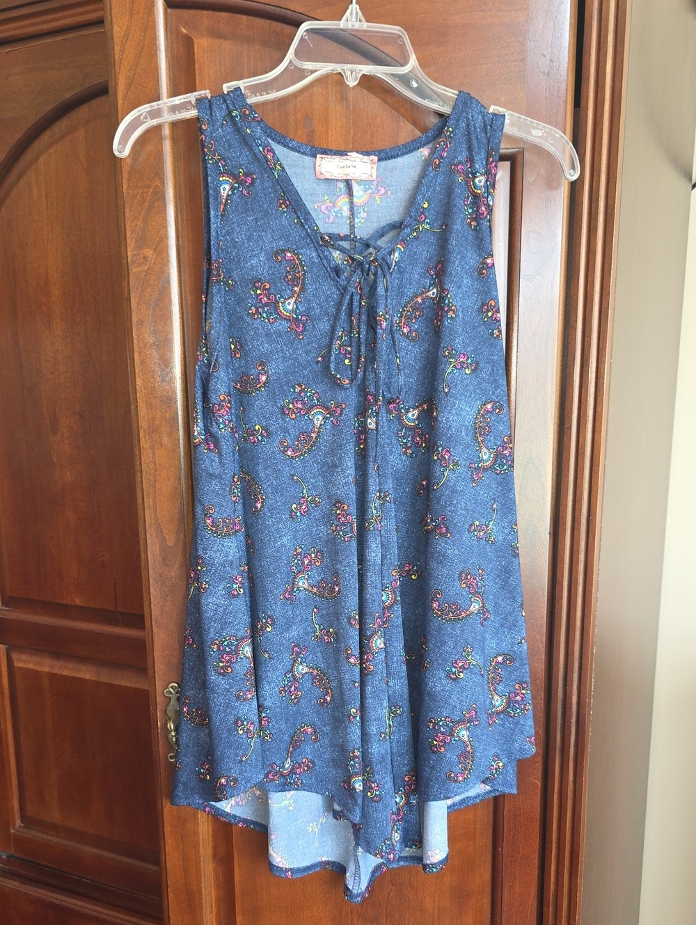 Sleeveless Blue Paisley Tie-Neck Blouse